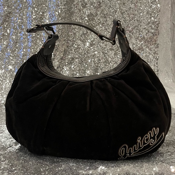 RARE VINTAGE Juicy Couture Trust Fund Brown Velvet 'University' Embroidered Hobo - Picture 2 of 15